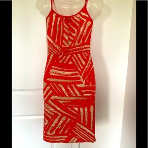Orange and beige summer dress with spaghetti straps, knee length
